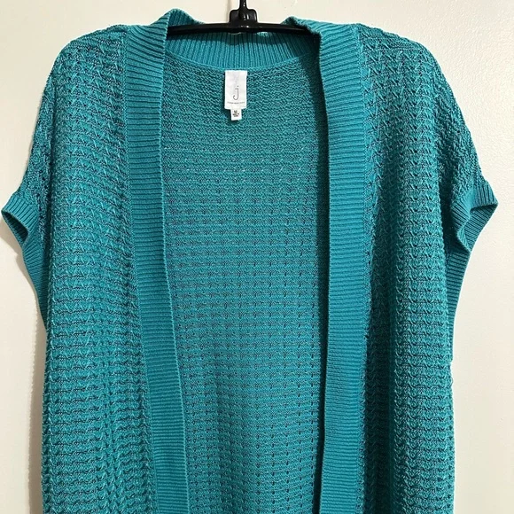 Jones New York Turquoise OpenWeave Cotton Blend Sleeveless Cardigan Vest, Size M - Picture 3 of 7
